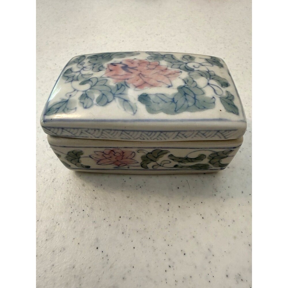 Antique Blue White Rectangle Porcelain Trinket Box Hand Painted Flower Design